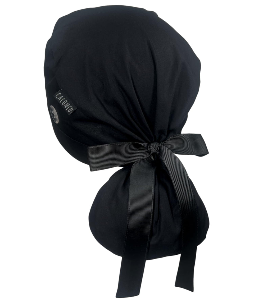 CALOMED scrub cap with ponytail pouch viewed from the front for long hair wear