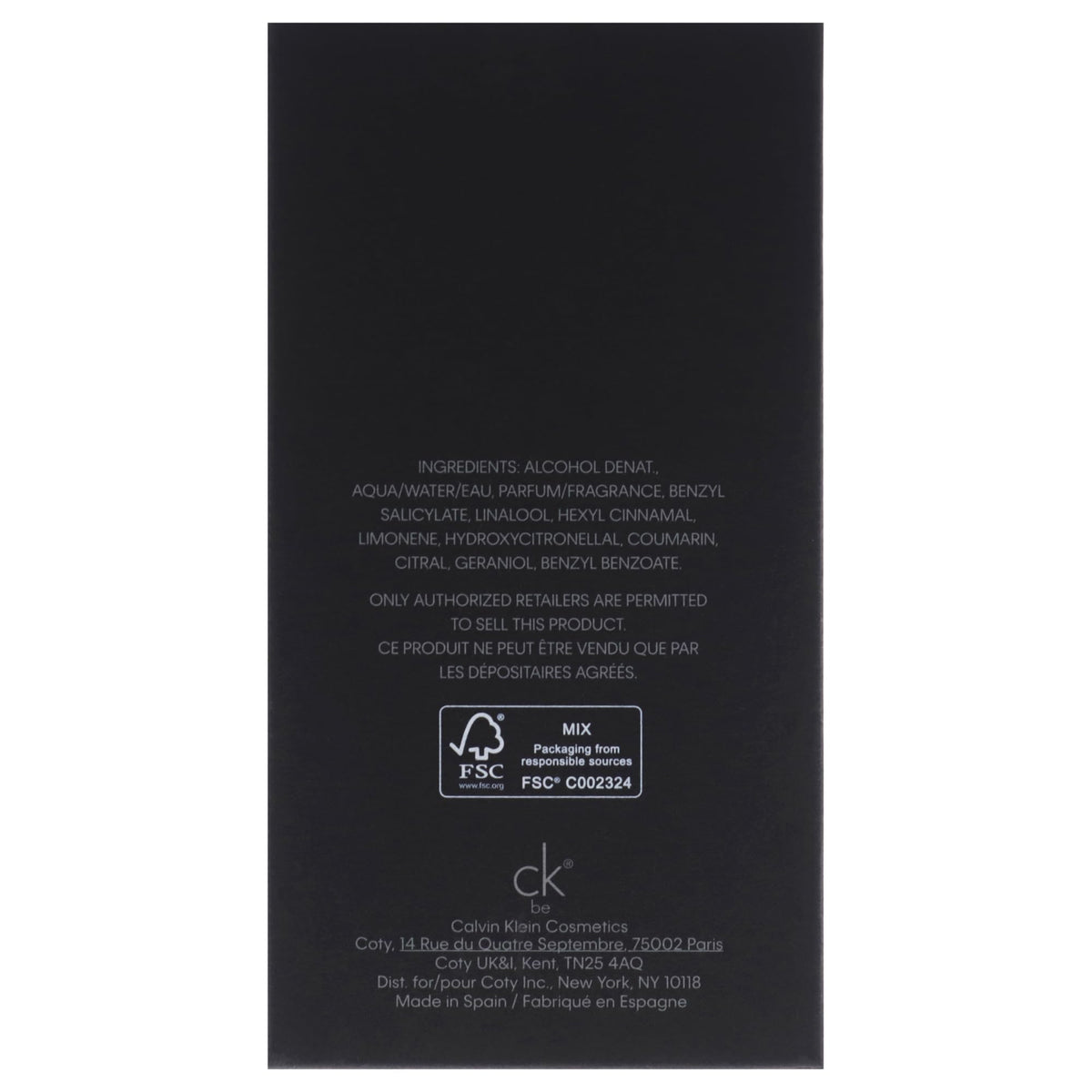 Calvin Klein CK Be logo on packaging, premium branding for easy recognition.