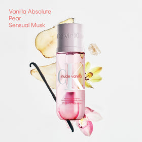 Calvin Klein CK Nude Vanilla bottle angled shot emphasizing amber woods and creamy texture
