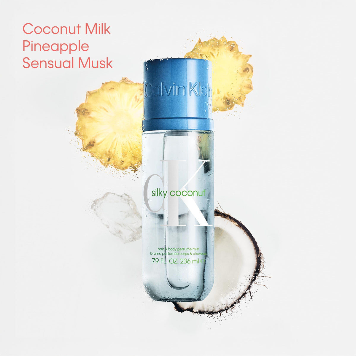 Calvin Klein CK Silky Coconut spray mist in action for effortless wear.