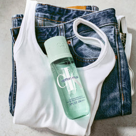 Calvin Klein Cotton Musk spray-action showing even mist for hair and body