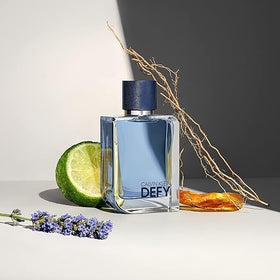 Close-up of Calvin Klein Defy label emphasizes bold branding and confidence.
