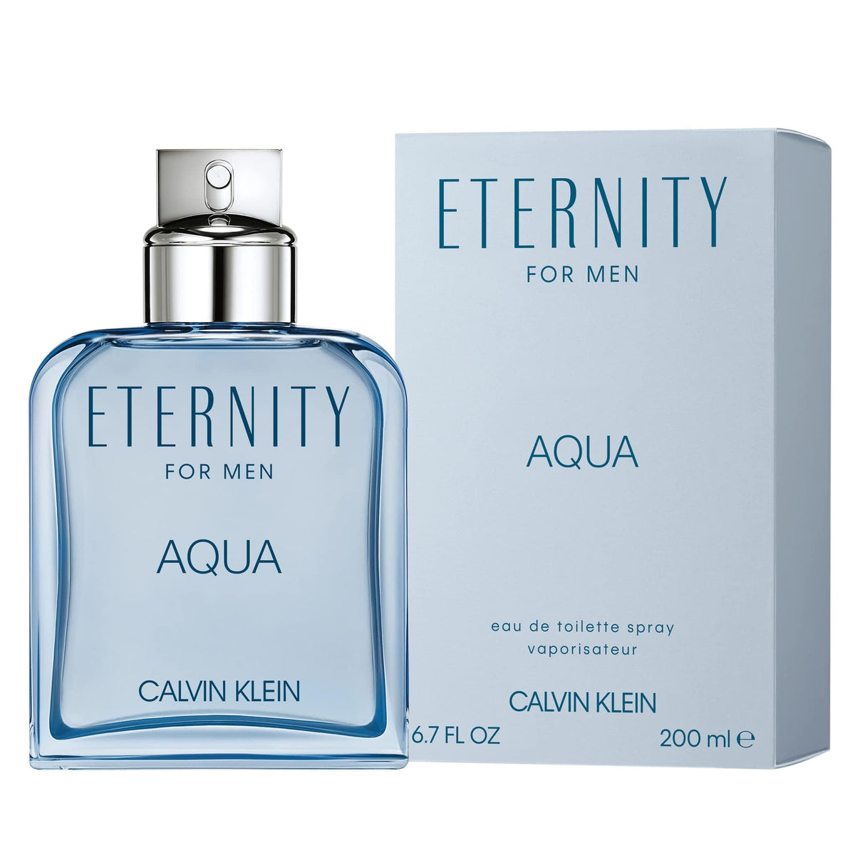 Close-up of Calvin Klein Eternity Aqua for Him EDT bottle highlighting premium design