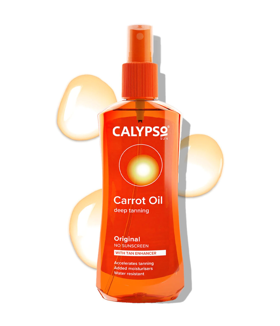 Calypso Original Carrot Oil bottle pour for tan extension and moisture.