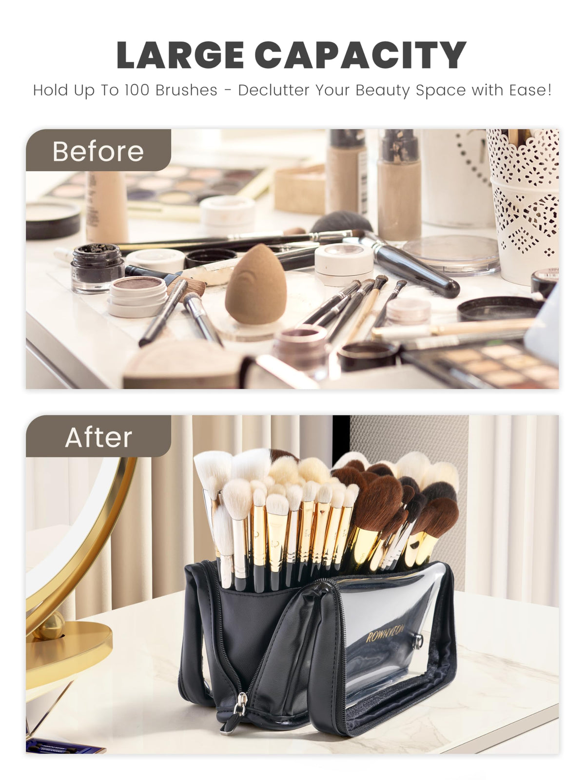 Camdeez ROWNYEON makeup brush bag folded with buckles for compact transport.