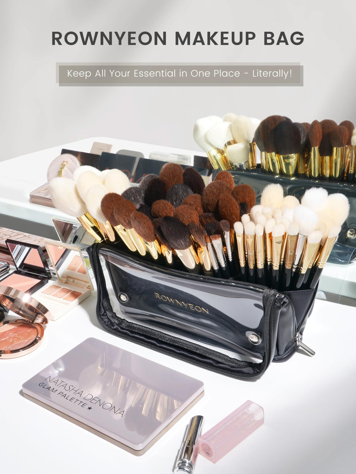 Camdeez ROWNYEON makeup brush bag showing large capacity for many brushes.