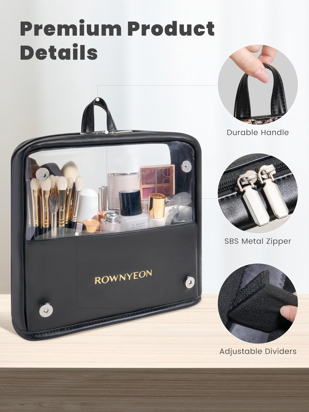Camdeez ROWNYEON makeup brush bag standing upright on a counter for quick access.