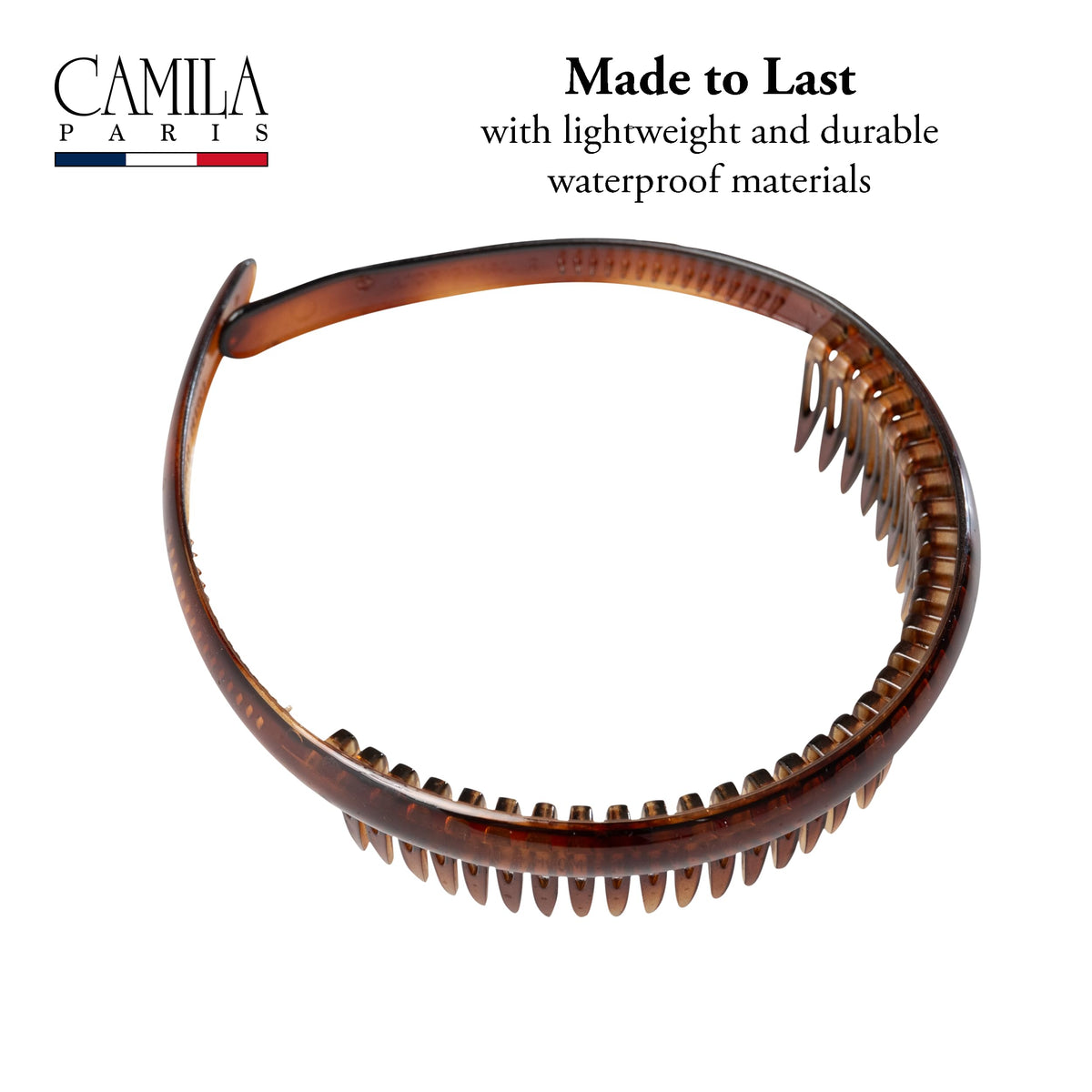Model wearing Camila Paris AD109 headband with long hair for secure hold.