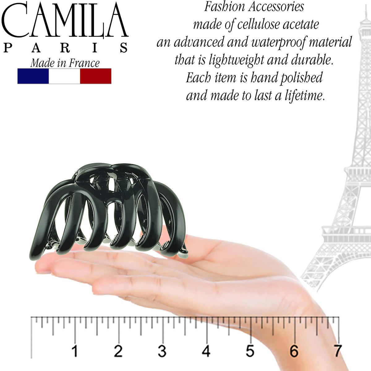 Camila Paris clip shows inside teeth design for secure grip on hair types.