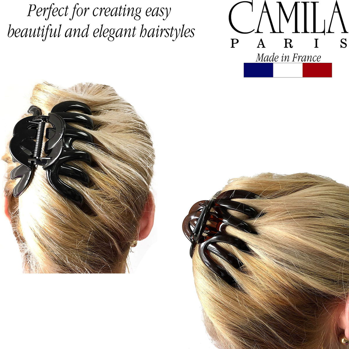 Camila Paris octopus hair clip in tortoise shell finish secures long hair.