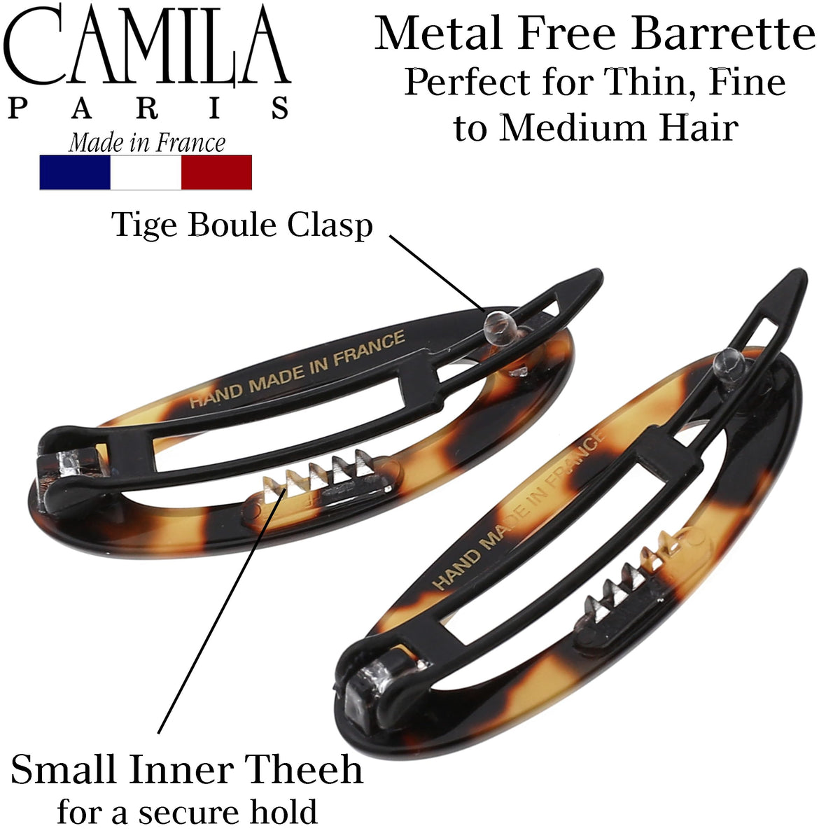 Camila Paris CP1993/2 strong hold barrette secures thick or fine hair with confidence.