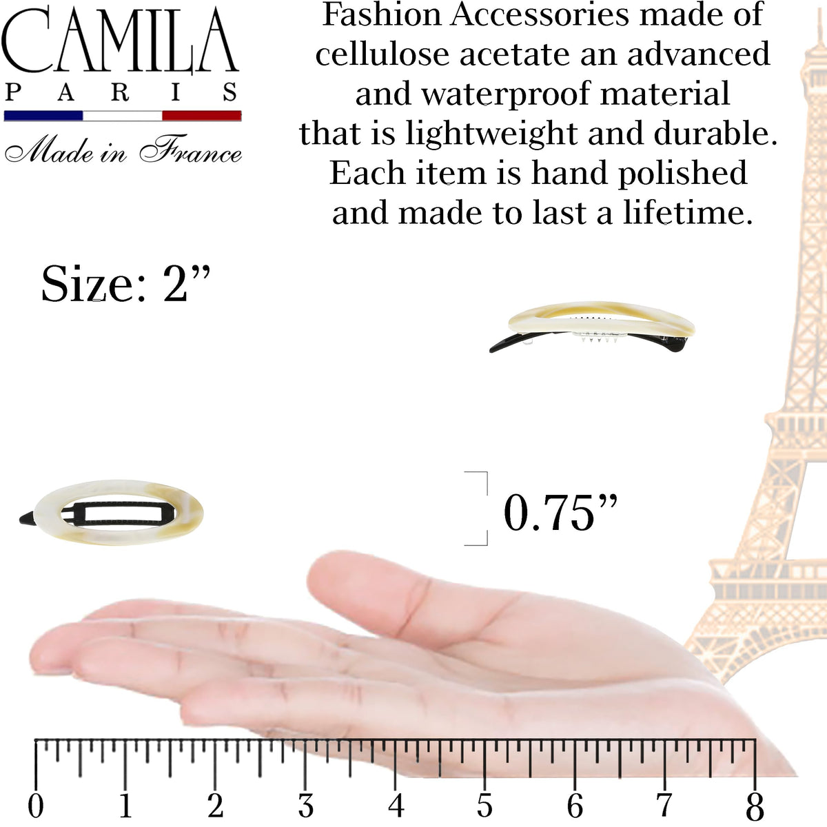Close-up of metal-free closure on Camila Paris CP1994/2 barrette.