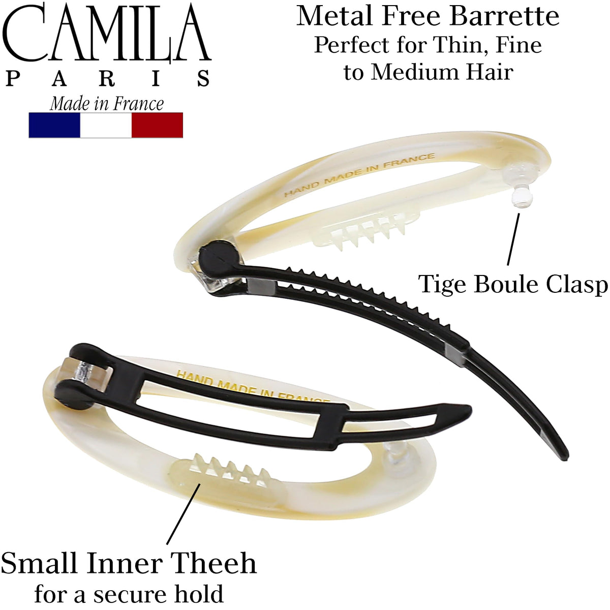 Camila Paris CP1994/2 barrette worn in hair for a secure half-up style.