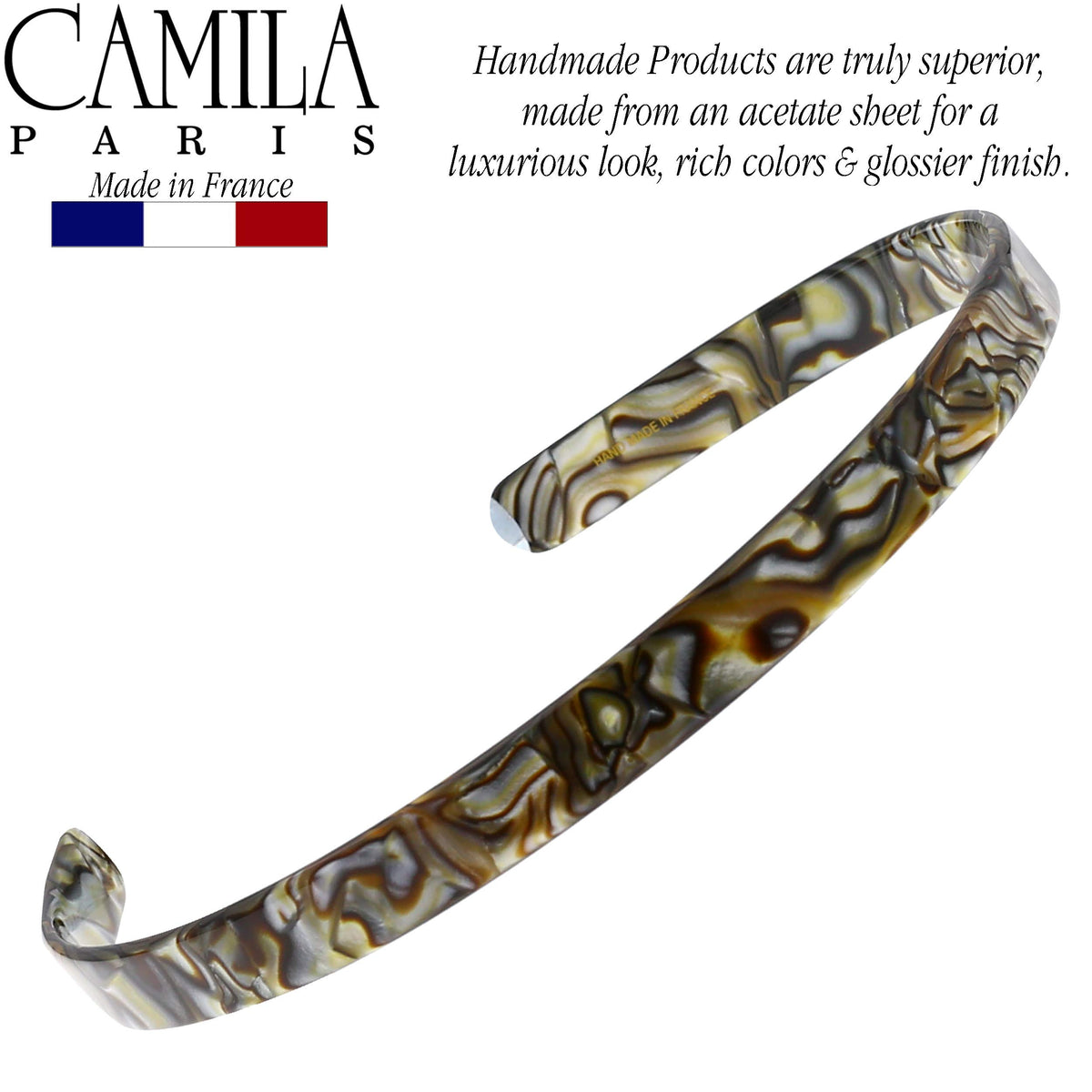 Camila Paris CP2005 headband onyx detail acetate capture highlights subtle polish.