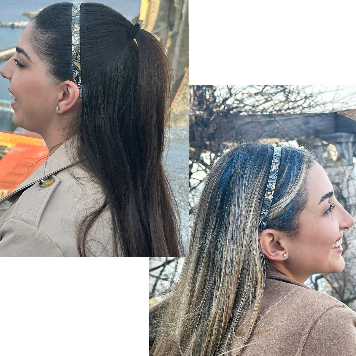 Camila Paris CP2005 headband onyx worn by model demonstrating secure fit.