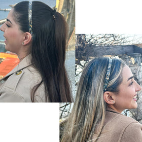 Camila Paris CP2005 headband onyx worn by model demonstrating secure fit.