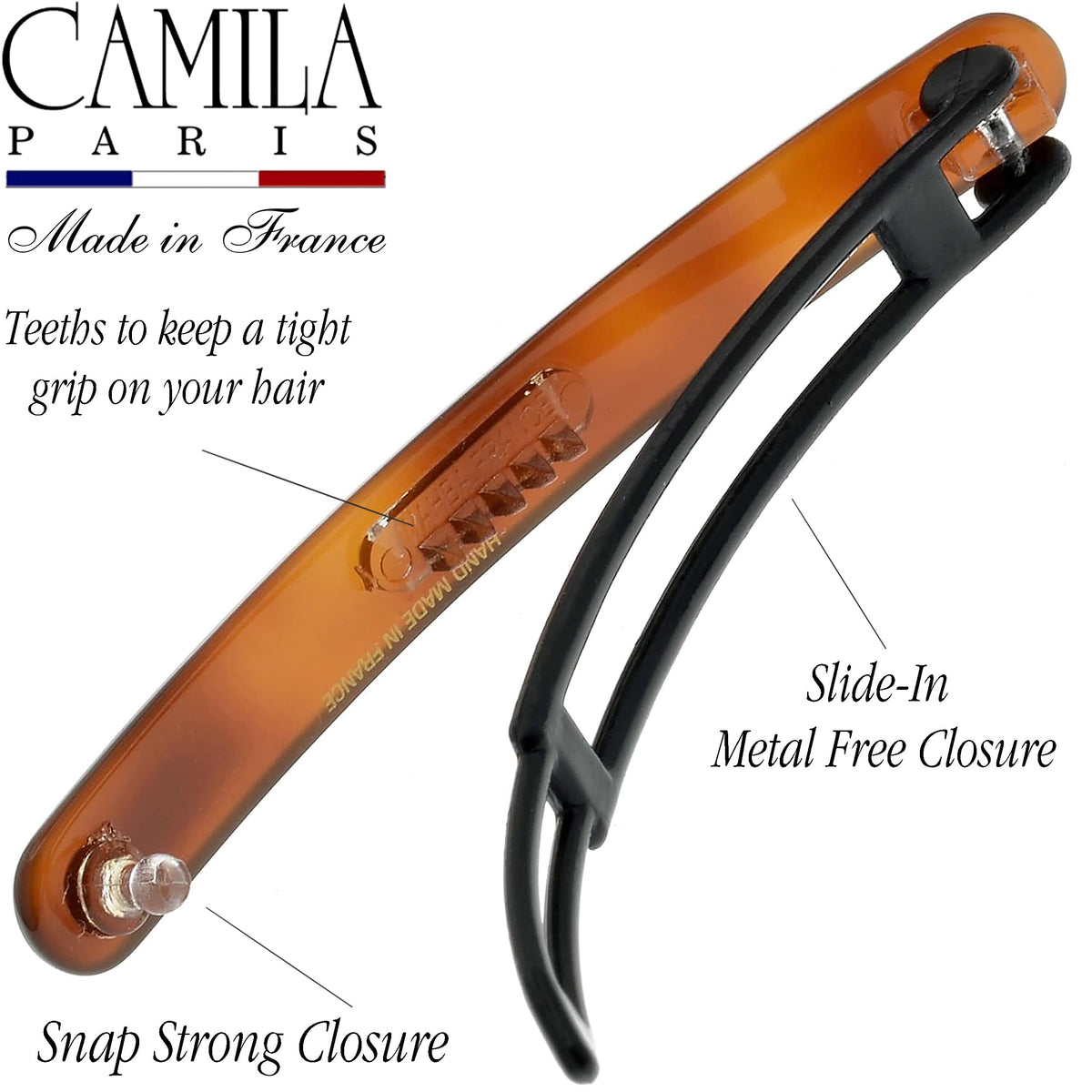 Camila Paris CP2250/2 strong closure barrette demonstrates non-slip grip for all hair types.