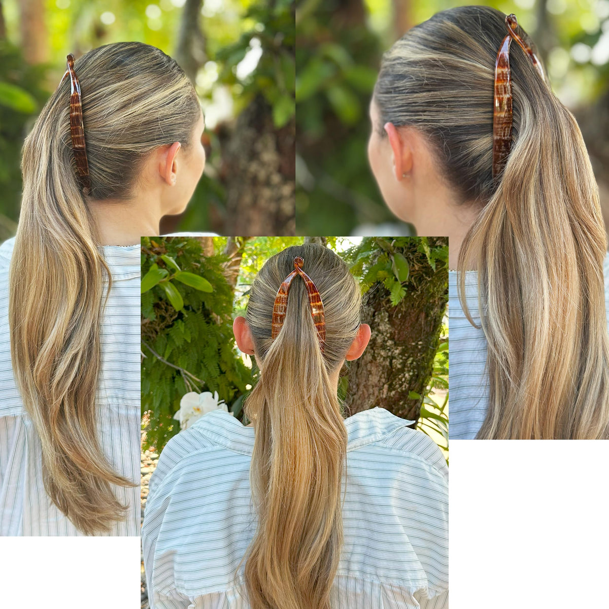 Camila Paris CP3097 banana clip in use showing secure ponytail styling