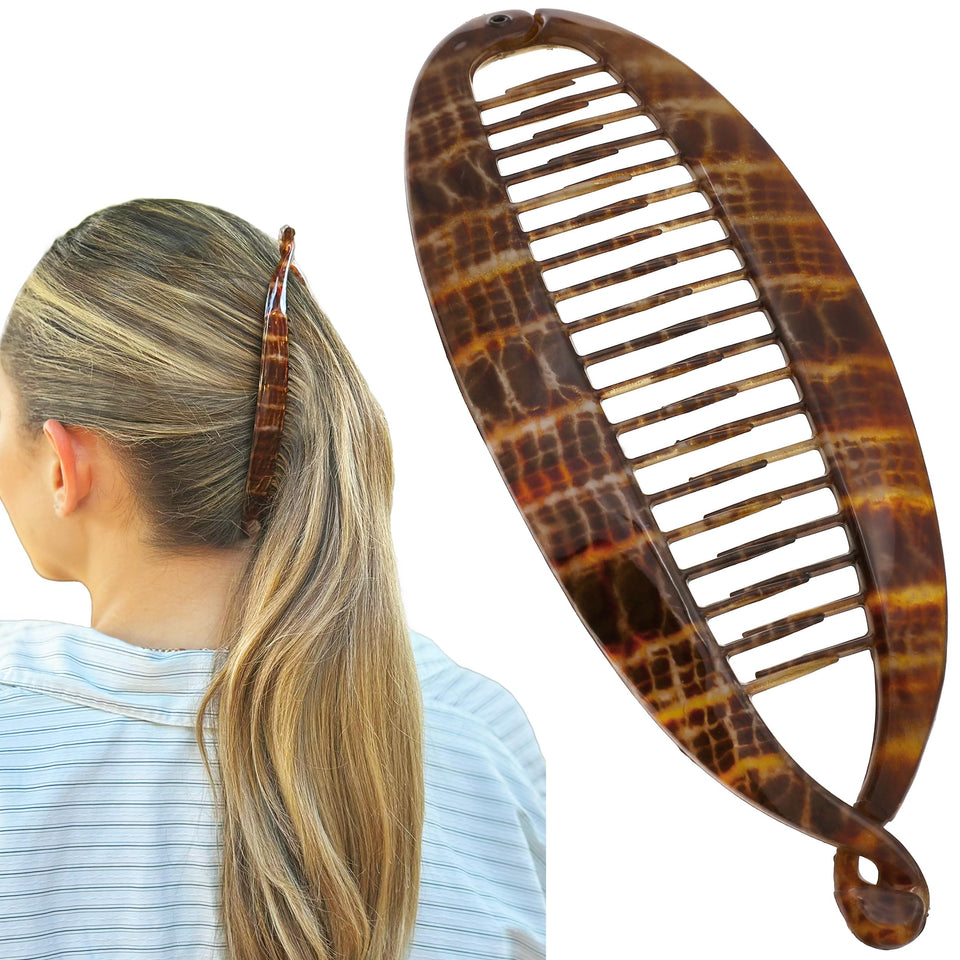 Camila Paris CP3097 banana clip close-up with brown gloss finish for thick hair
