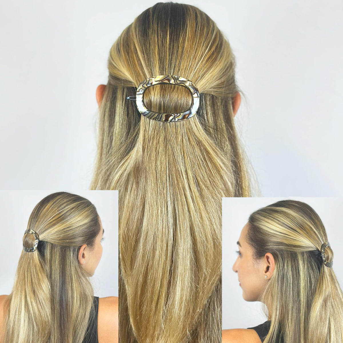 Camila Paris CP3355 Onyx barrette worn in hair showing secure grip.