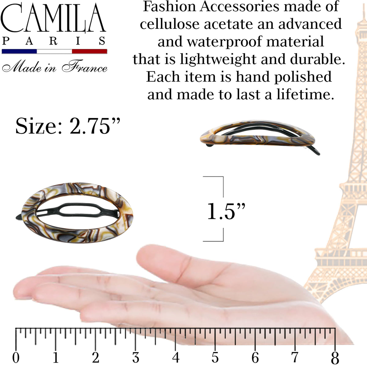 Camila Paris CP3362 cellulose acetate hair ornament highlighting durable craft