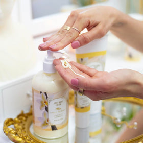 Close-up of Camille Beckman French Vanilla cream texture showing creamy consistency