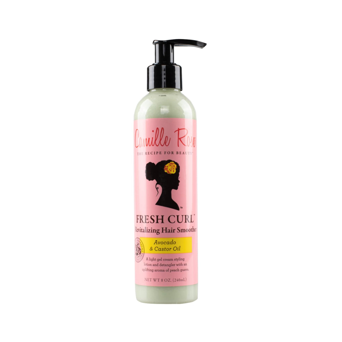 Camille Rose Fresh Curl Cream bottle being poured for smooth styling