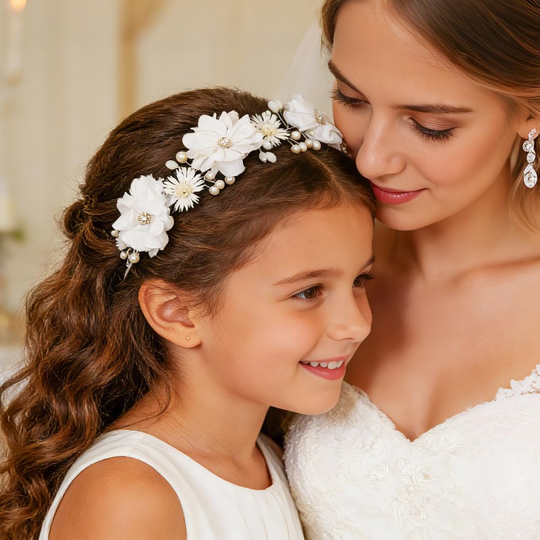 Campsis white flower girl headband suitable for weddings and events.