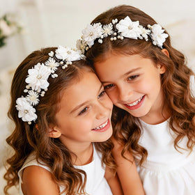 Campsis flower girl headpiece with flexible wire for secure fit.