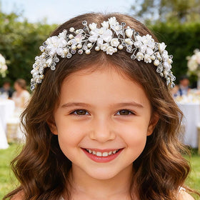 Campsis flower girls headband with white blooms for wedding party moments