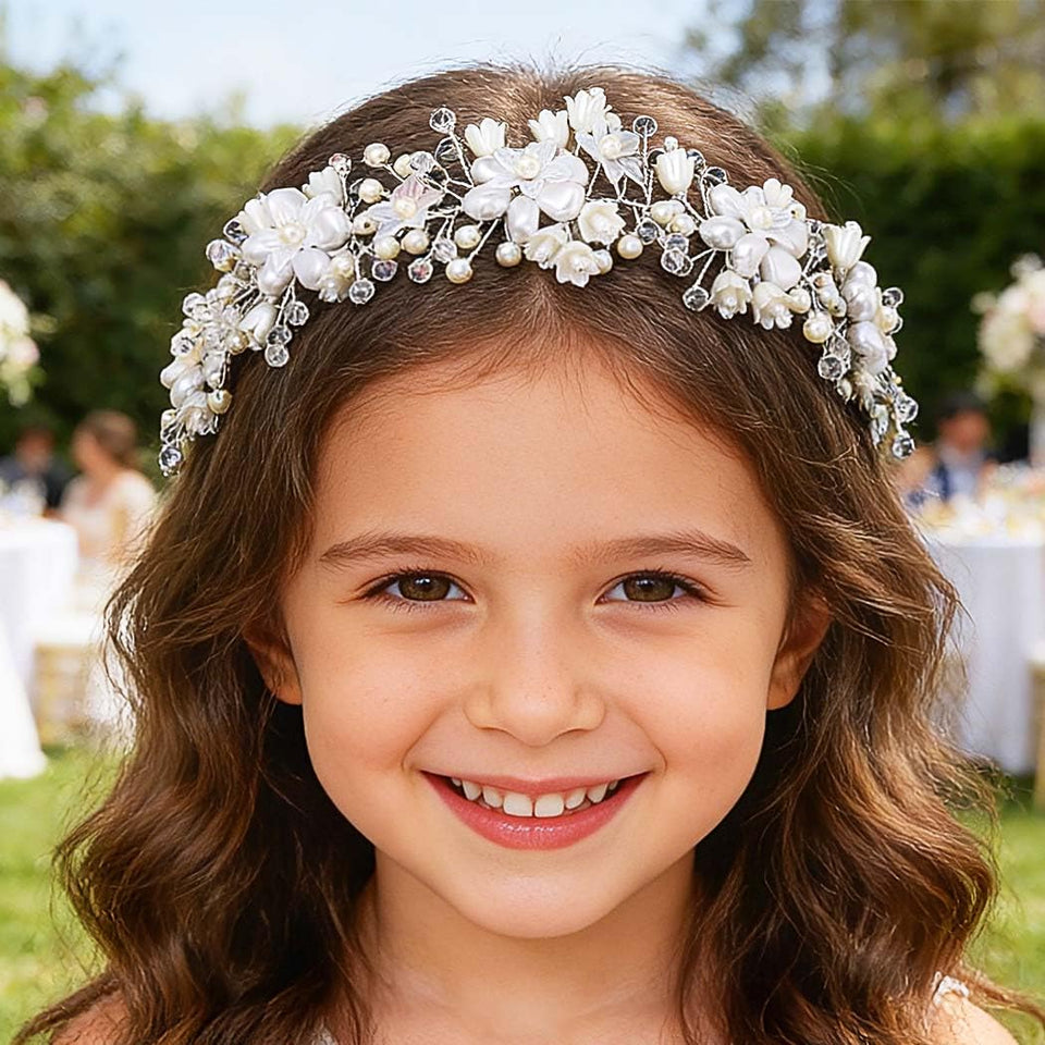 Campsis flower girls headband with white blooms for wedding party moments