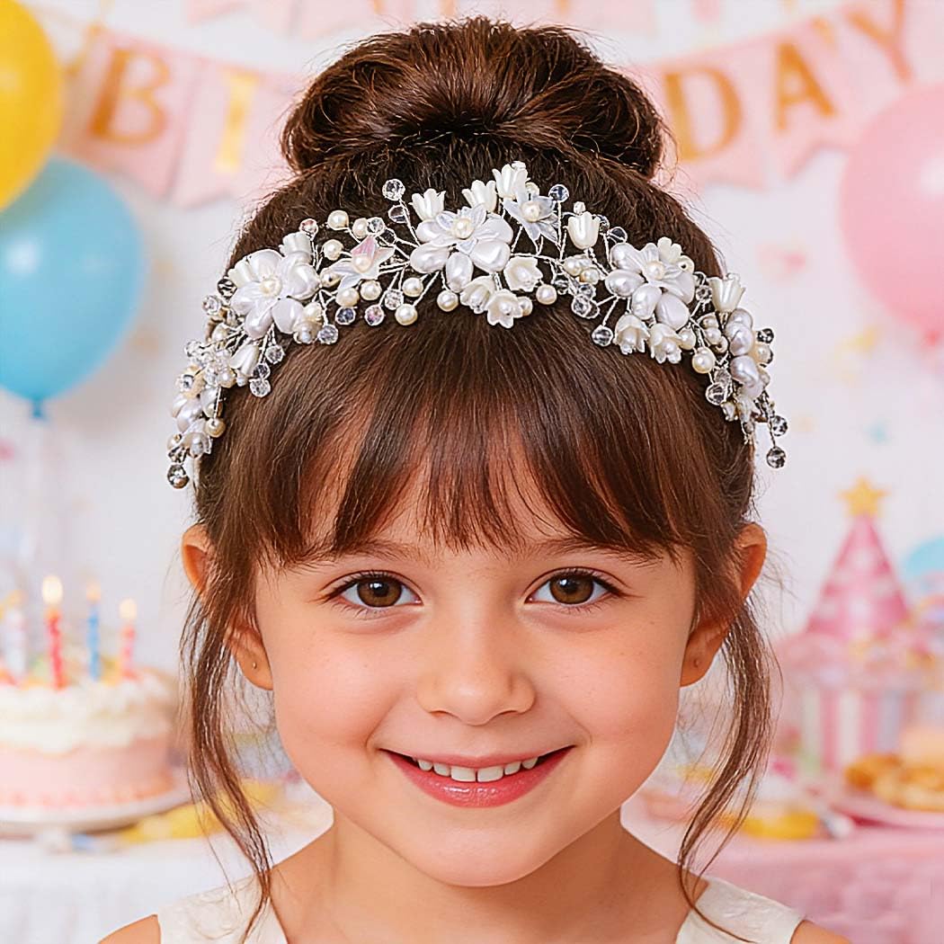 Campsis pearl-embellished headband adding elegant charm to flower girl outfits