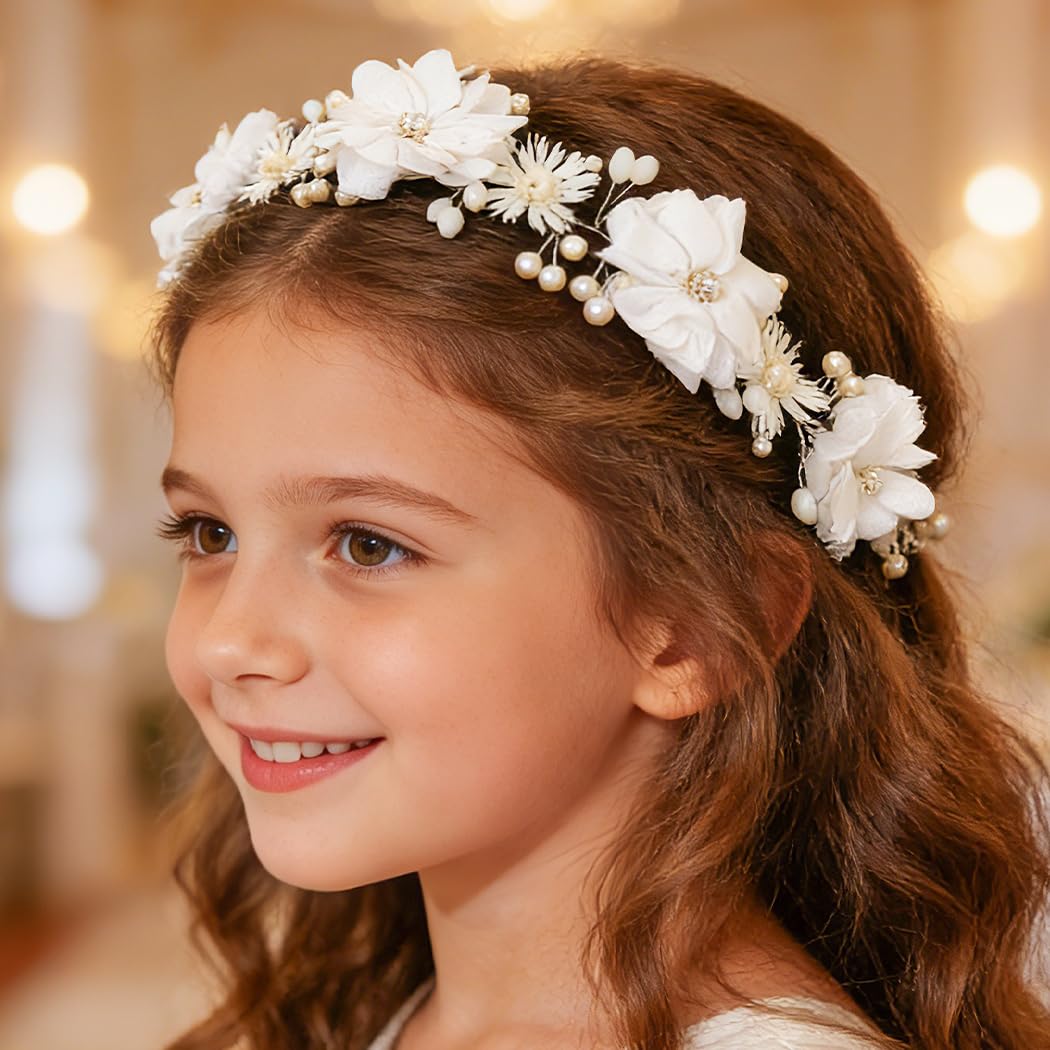 Campsis white communion headpiece shown on hair for ceremony styling.