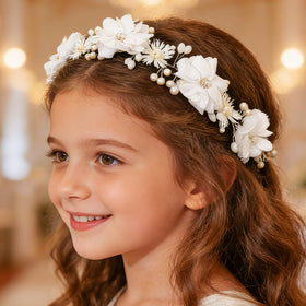Campsis white communion headpiece shown on hair for ceremony styling.