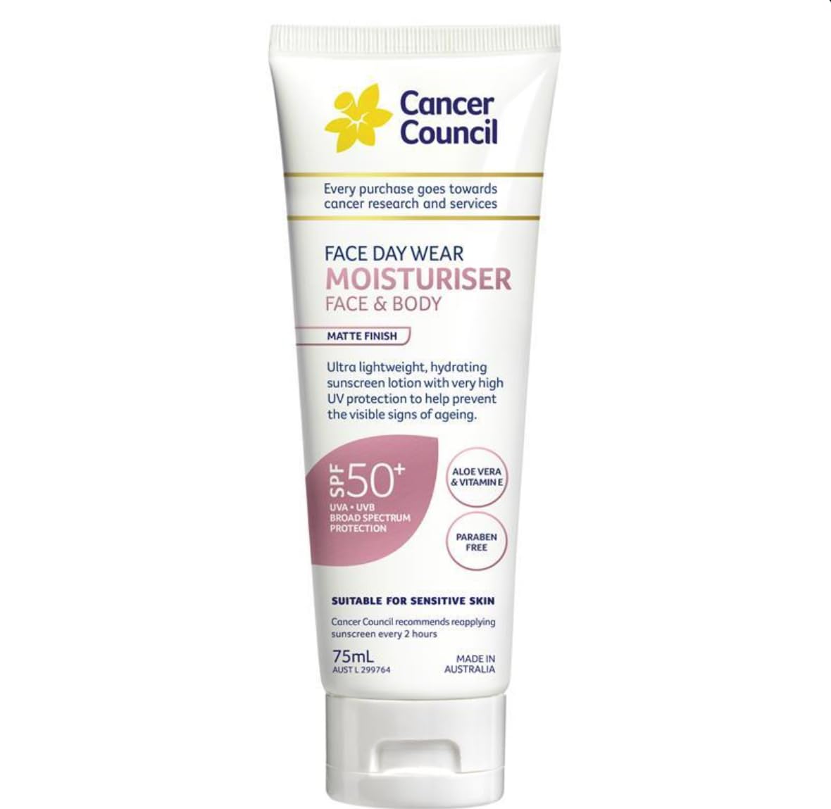 Cancer Council Face Daywear Moisturiser Invisible SPF50+ bottle shows clear finish and daily protection