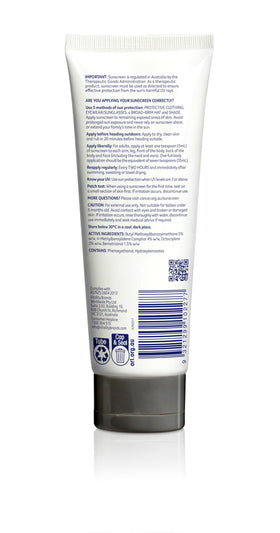 Cancer Council SPF50+ Active 110ml tube, application on skin, fast-absorbing, non-greasy protection.