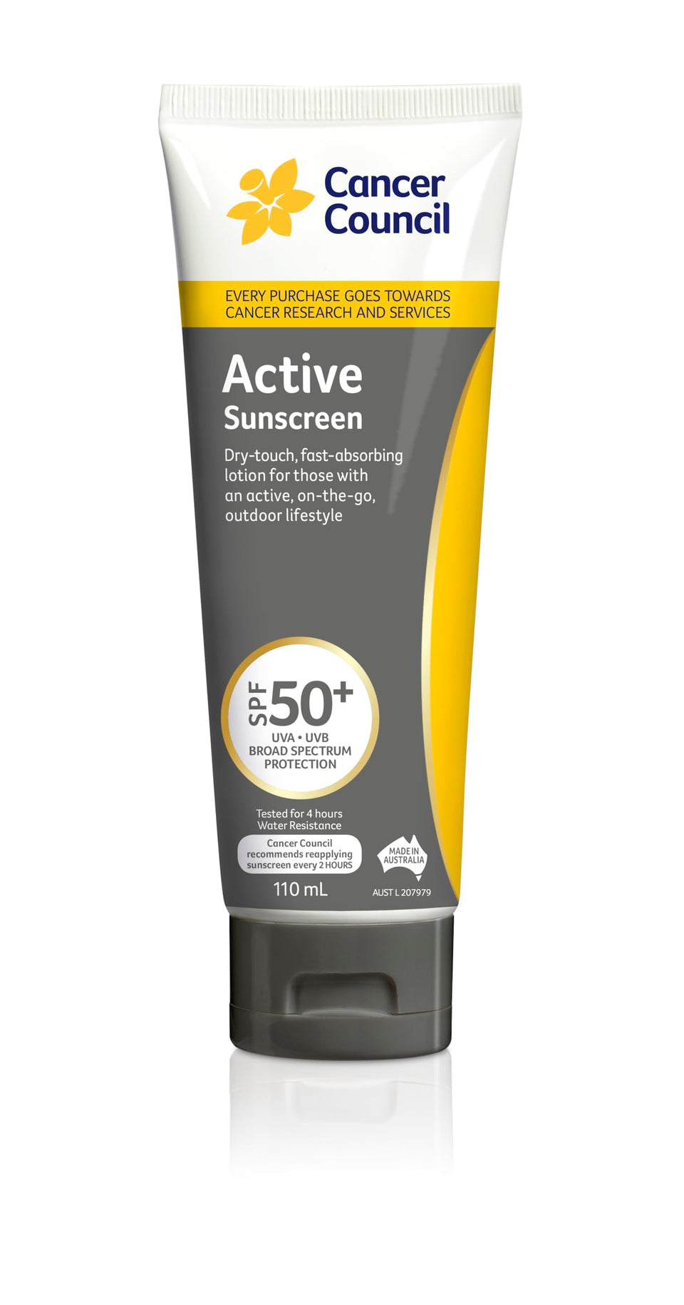 Cancer Council SPF50+ Active 110ml tube, bottle front view, high protection for outdoor activities.