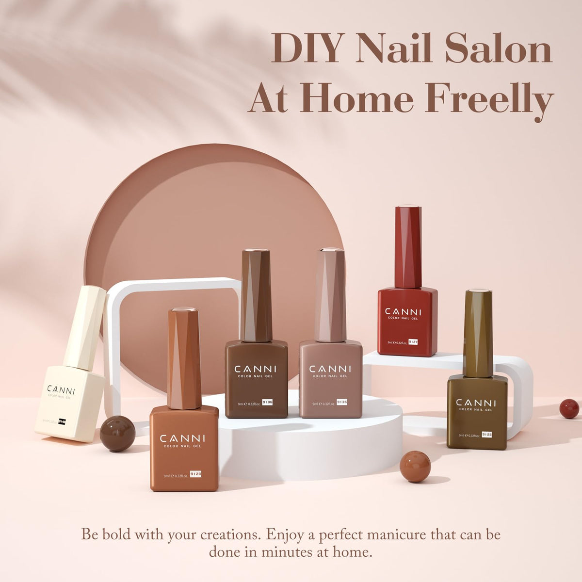 CANNI six-color gel polish swatches show nude tones for easy choice