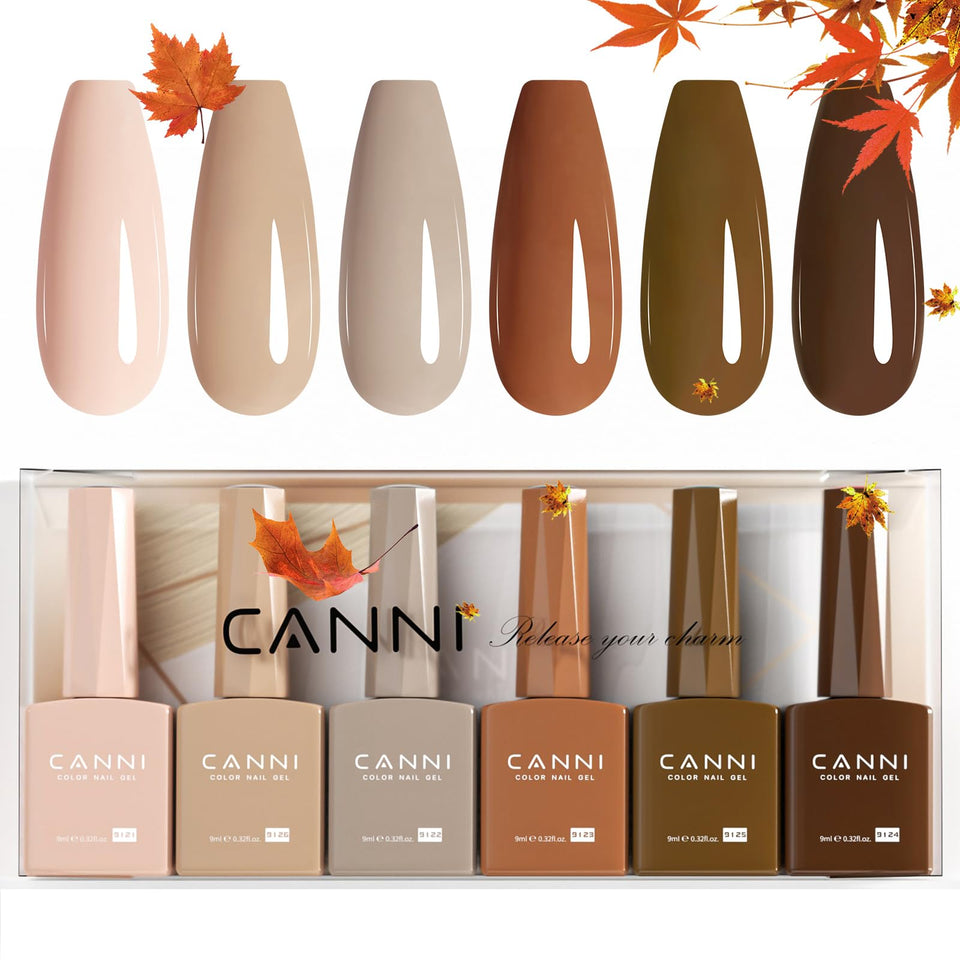 CANNI 6Pcs 9ml HEMA-free nude brown gel polish set swatches show rich fall hues.