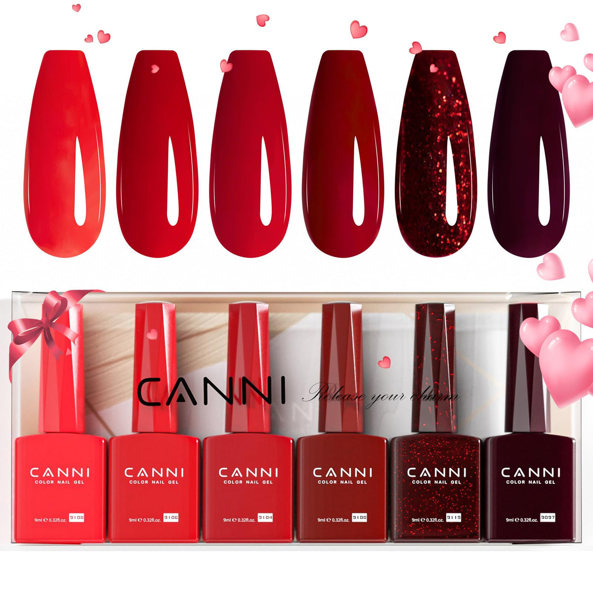 CANNI 6Pcs 9ml HEMA-free red gel polish set bottle display shows true burgundy shade.