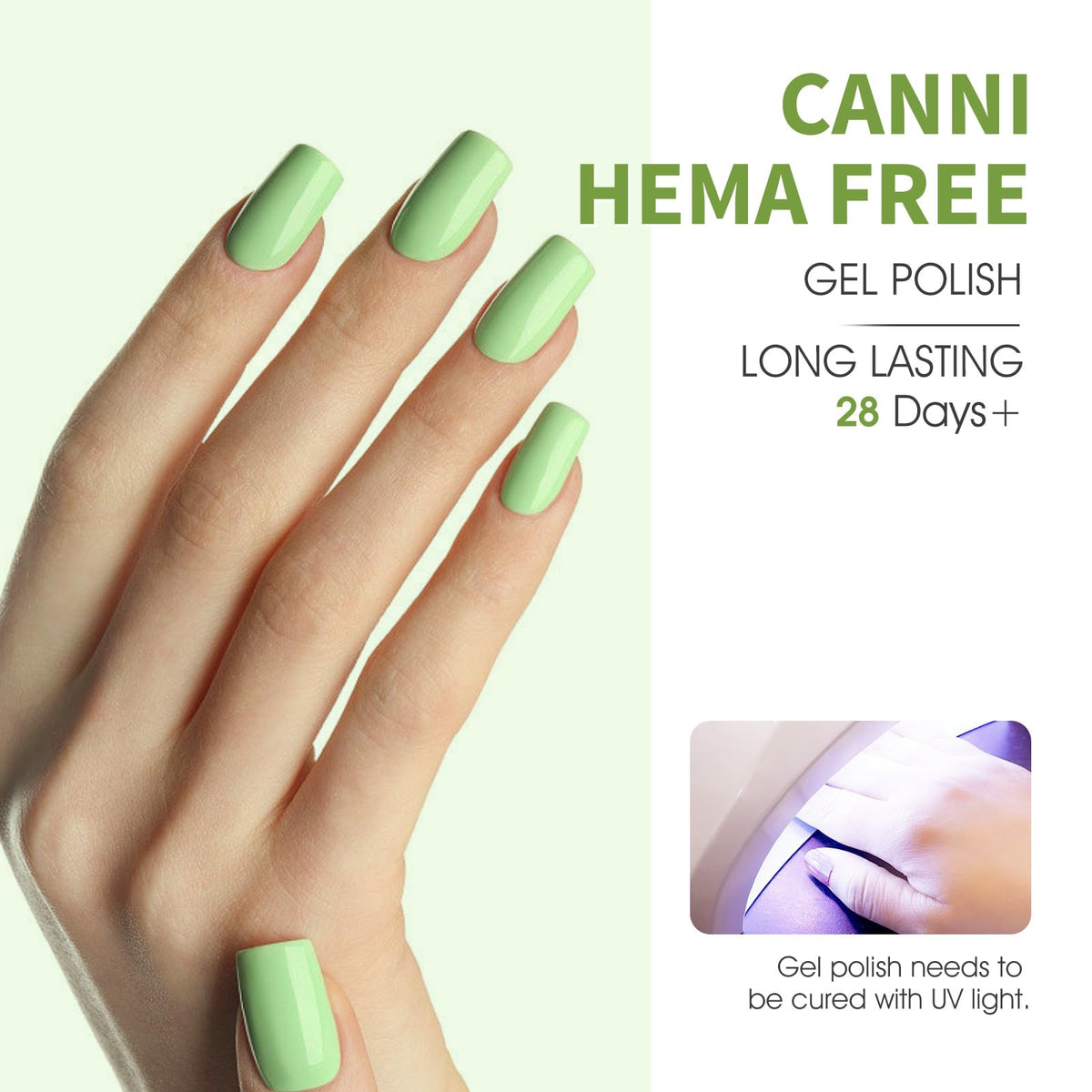 Close-up shows glossy finish after cure, hinting at professional-looking nails.