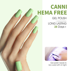 Close-up shows glossy finish after cure, hinting at professional-looking nails.