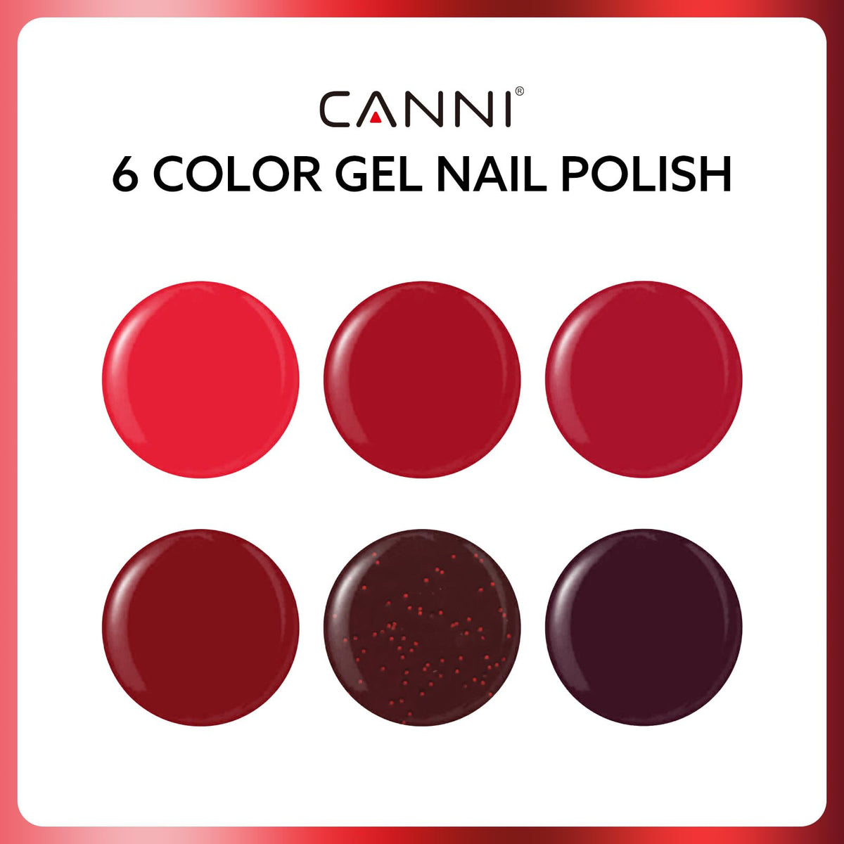 CANNI red gel nail polish swatches reveal rich color range for precise picking.