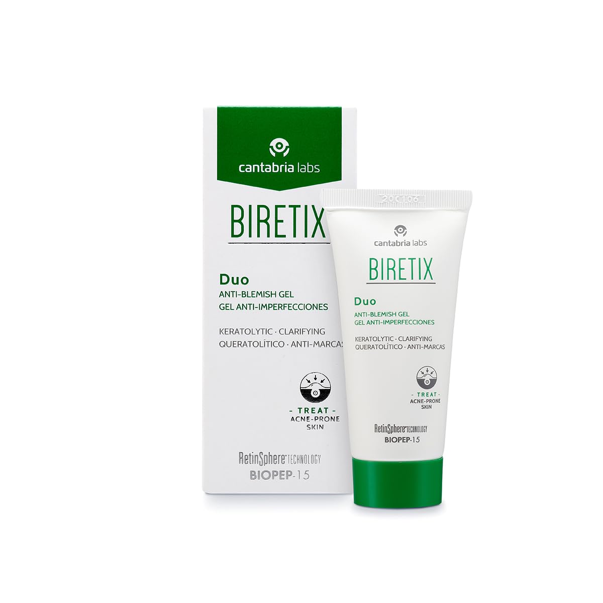 Cantabria Labs Biretix Duo Gel 30ml bottle showing a lightweight, non-greasy finish.
