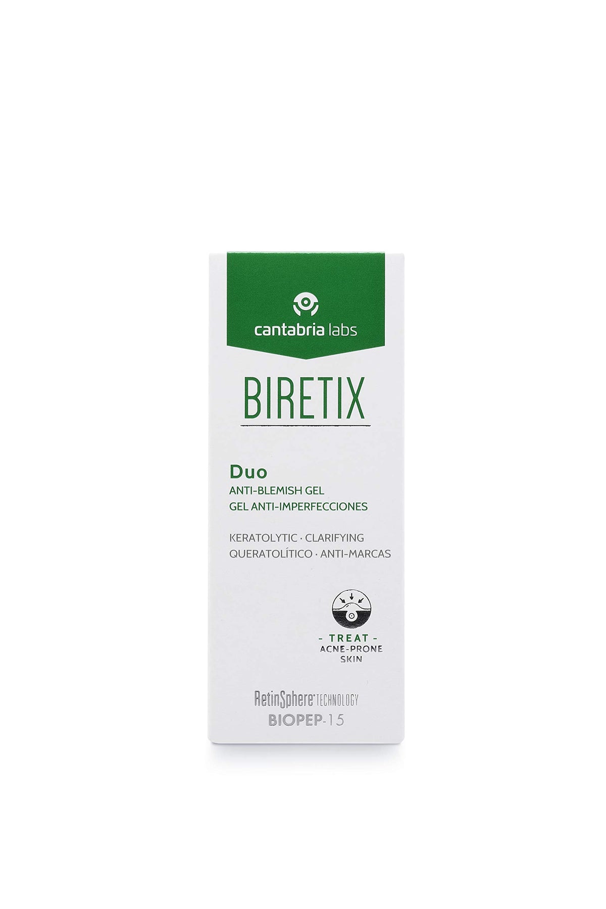 Cantabria Labs Biretix Duo Gel texture closeup highlighting a smooth gel application.