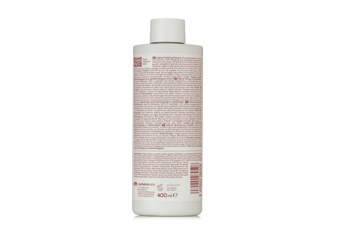 Cantabria Labs IRALTONE fortifying shampoo label highlights active ingredients and vitality.