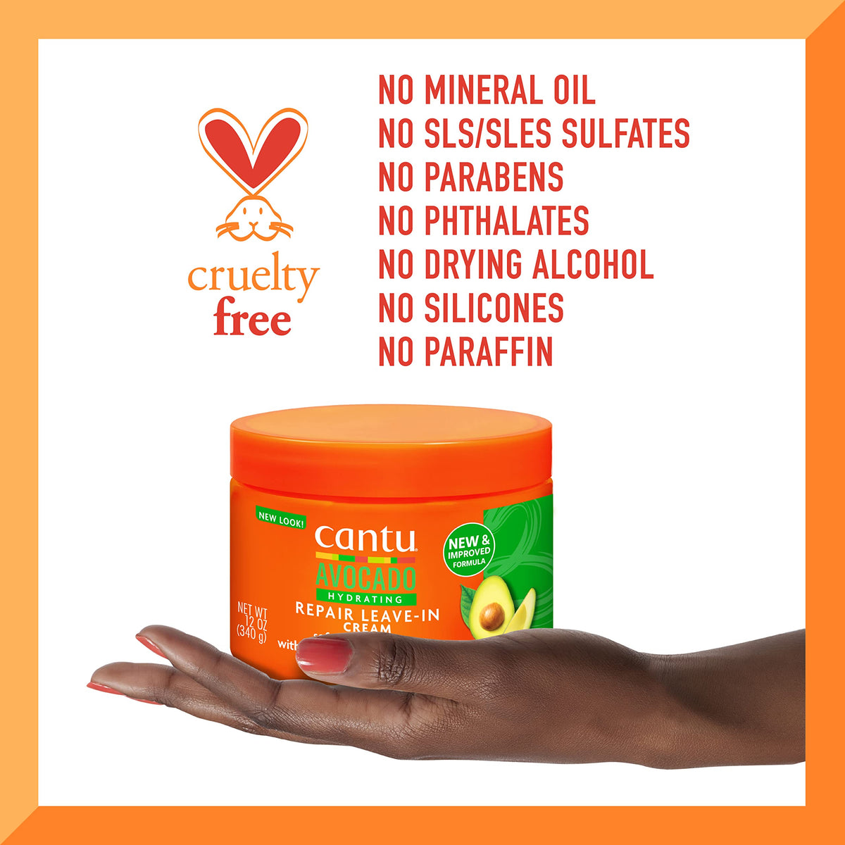 Cantu Avocado Hydrating Leave-In Cream packaging page closeup shows brand label