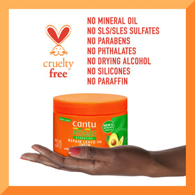 Cantu Avocado Hydrating Leave-In Cream packaging page closeup shows brand label