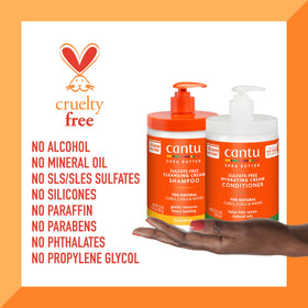 Close-up of Cantu Shea Butter shampoo label with clean ingredients.