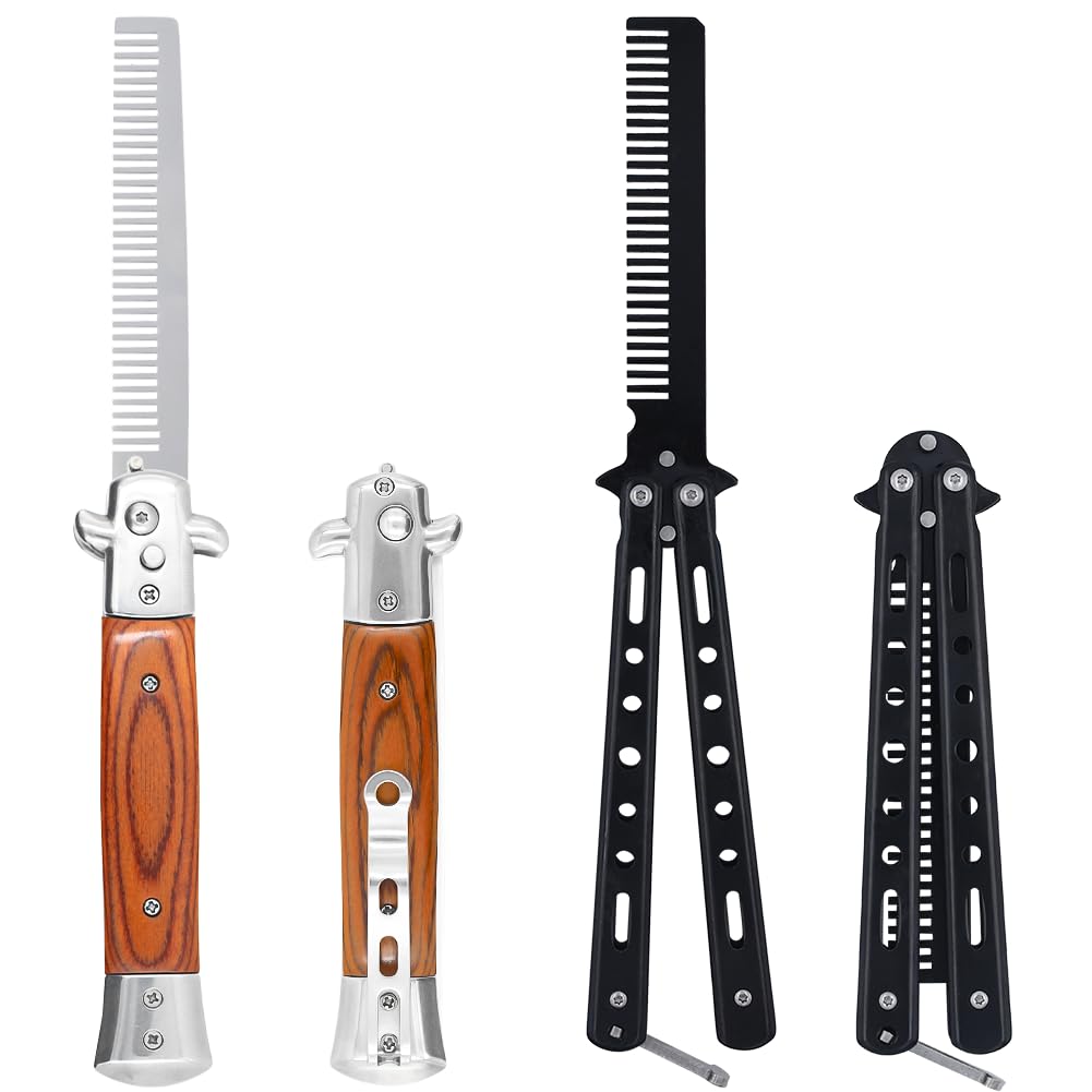Canumer two-piece switch folding combs with wood grain finish for portable grooming on the go